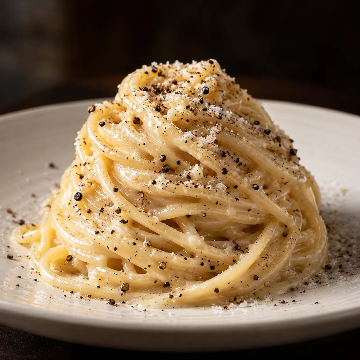 Pasta cacio e pepe con Pecorino Romano y pimienta negra