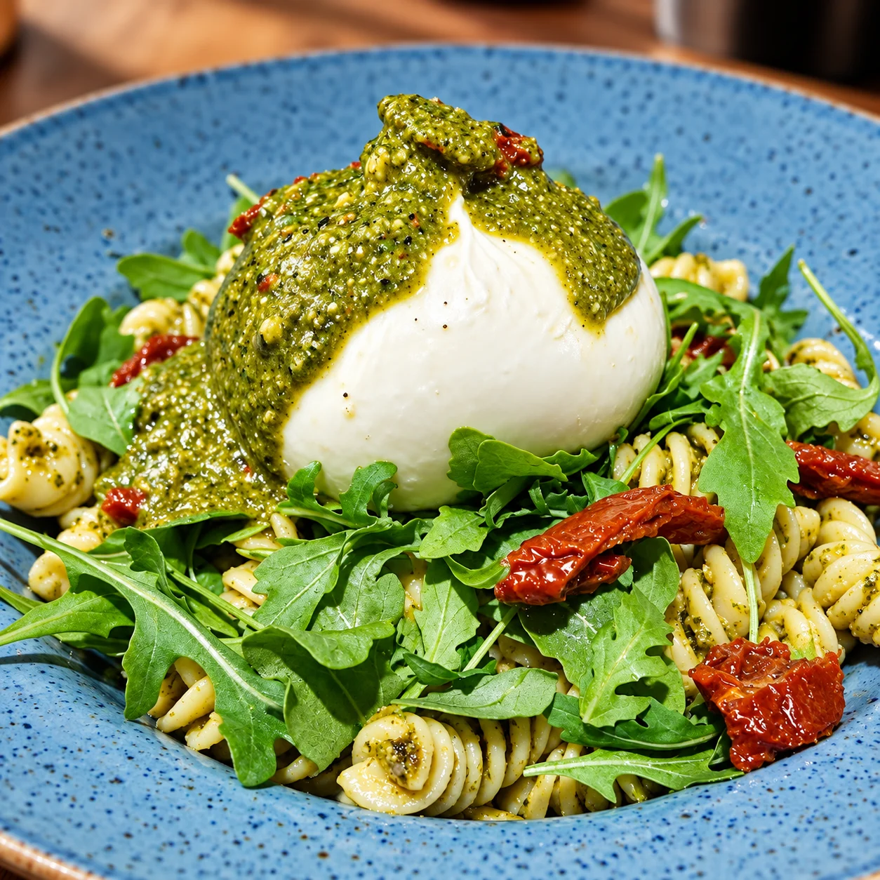 Pasta con burrata, pesto y rúcula en Biga