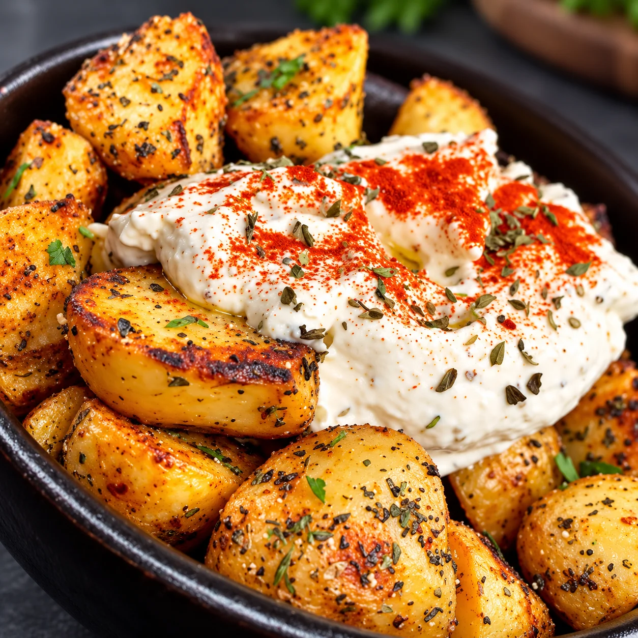 Patatas con salsa y hierbas en Biga